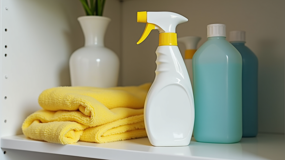 Close-up view of cleaning supplies arranged neatly on a shelf