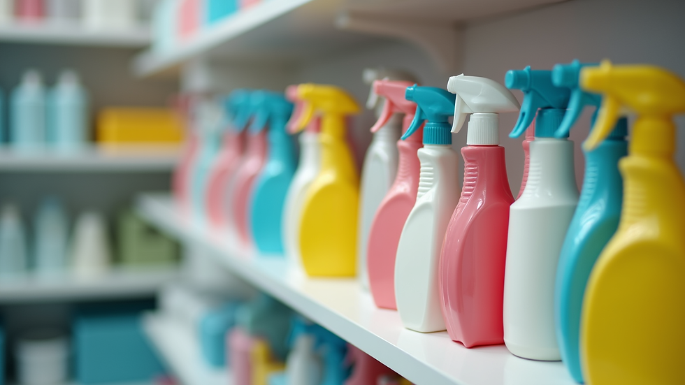 Close-up view of cleaning supplies arranged neatly on a shelf