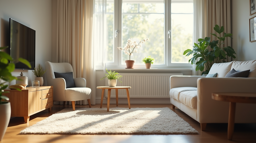 Eye-level view of a clean and tidy living room with natural light