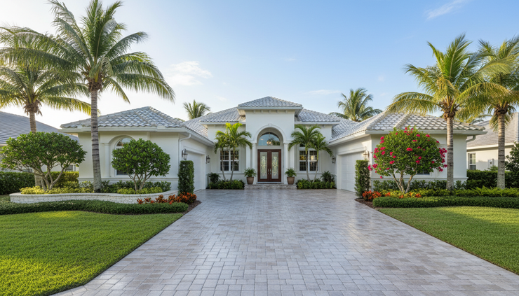 Wide-angle view of a clean coastal home with a tile roof and paver driveway in Jupiter Florida