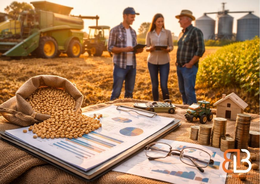 Planejamento agrícola com produtores analisando dados de safra; grãos, gráficos financeiros, máquinas agrícolas e silos ao fundo em fazenda.