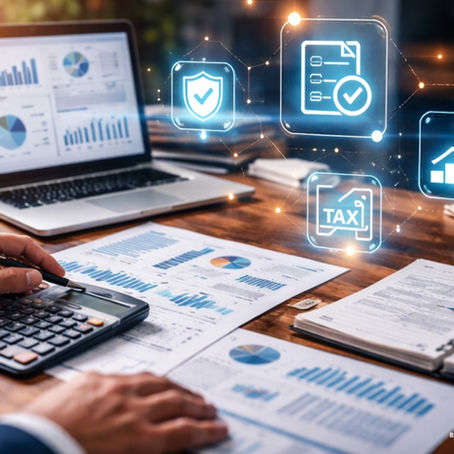 Empresário analisando relatórios contábeis com calculadora e documentos fiscais