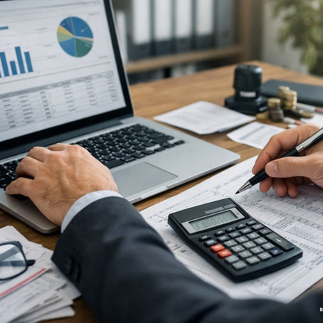 Empresário conferindo obrigações fiscais mensais no computador