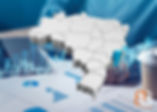 Mapa 3D do Brasil sobre gráficos financeiros, com destaque para o estado do Rio de Janeiro e logotipo da Barreto Contabilidade no canto inferior direito.