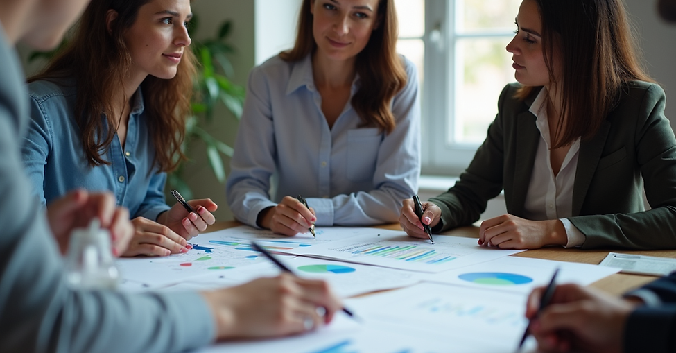 Medium-close-up shot of diverse professionals collaborating around a table with charts, cl