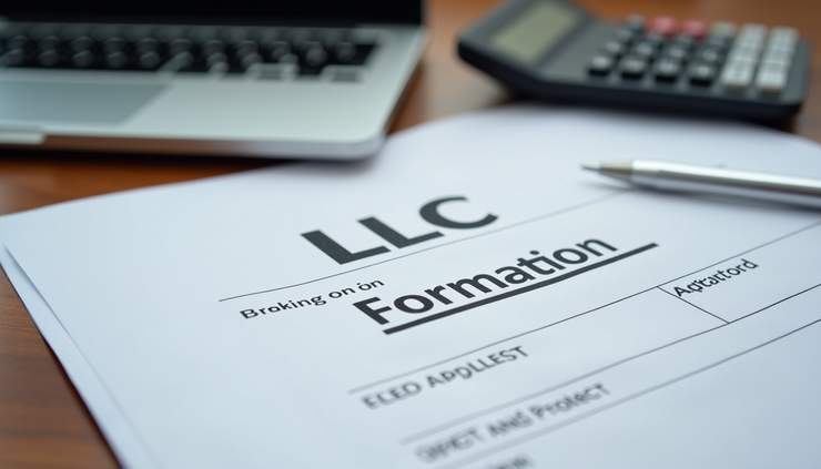 Eye-level view of a desk with LLC formation documents, a laptop, and a calculator