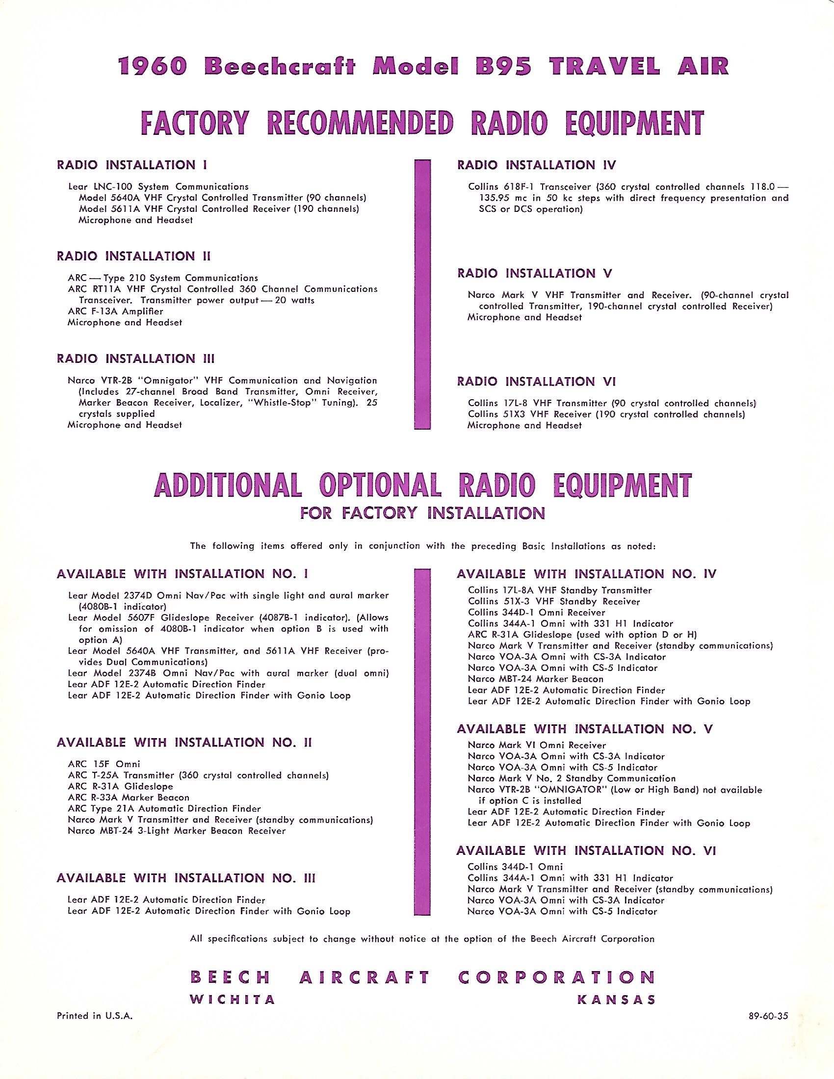 1960 Beech B95 options brochure