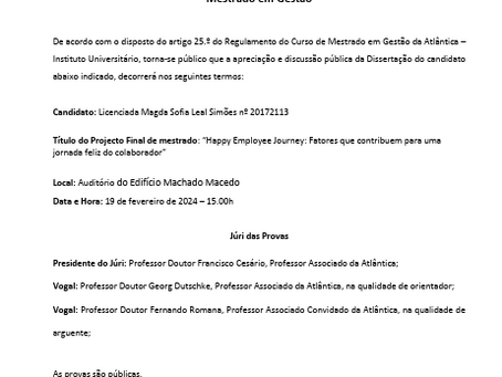 PROVAS PÚBLICAS DE MESTRADO SOBRE FELICIDADE - Instituto Universitário Atlântica (19/2/24 - 15h)