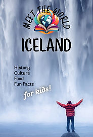 Book cover for Meet the World's book on Iceland; a person in a red coat lifts up their arms in front of glacier