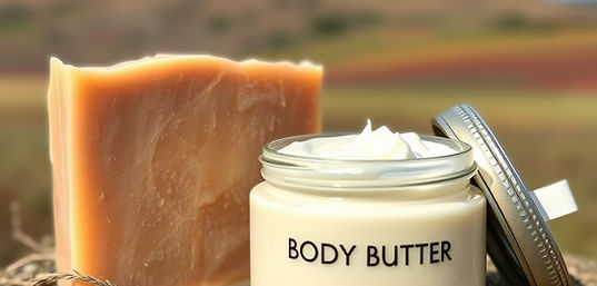 A landscape picture of a bar of soap with a jar of body butter. Don't label the body butte