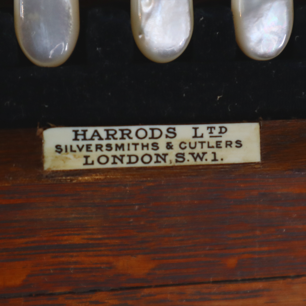 Thumbnail: Antique Harrods Mother of Pearl Cased Fruit/ Dessert Cutlery Set