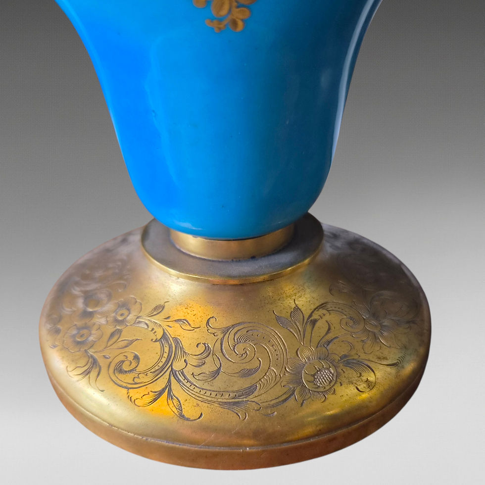 Thumbnail: A Pair Of 19thC French Gilt Metal Mounted Hand Painted Turquoise Porcelain Vases