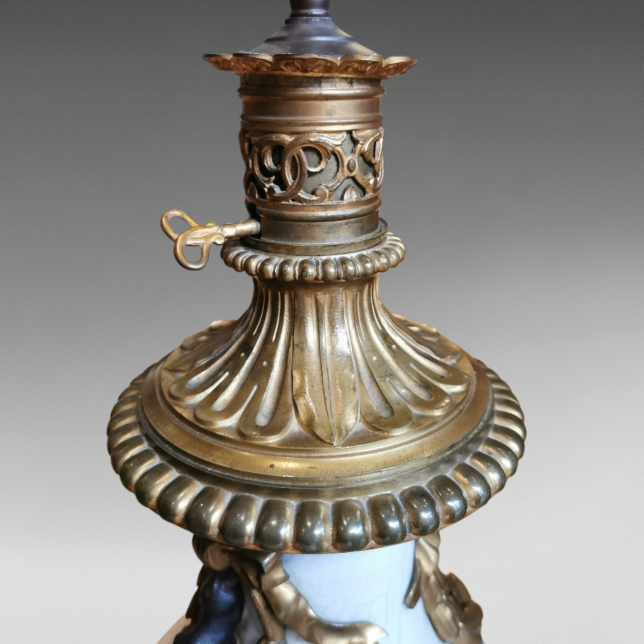Thumbnail: A Pair Of Antique Chinese Crackle Glaze Porcelain & French Ormolu Mounted Lamps