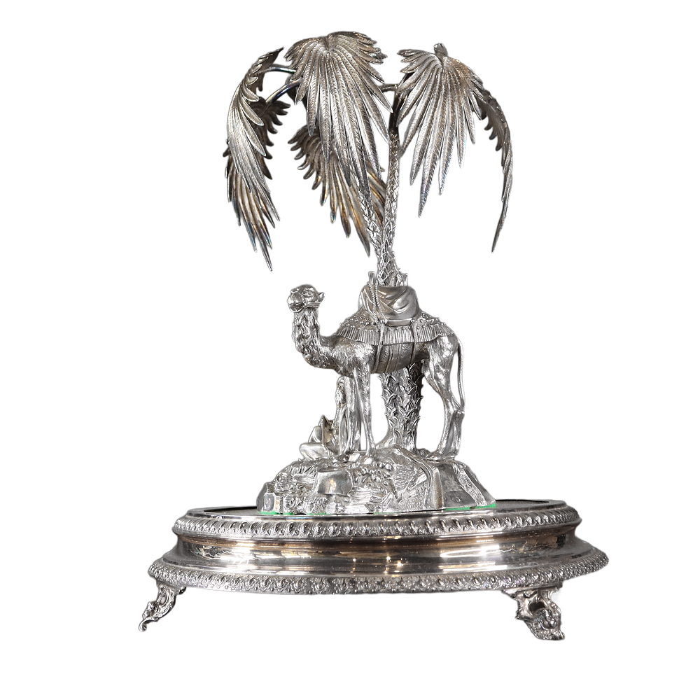 Thumbnail: Victorian Silver Plated Camel Centre Piece On Mirror Stand