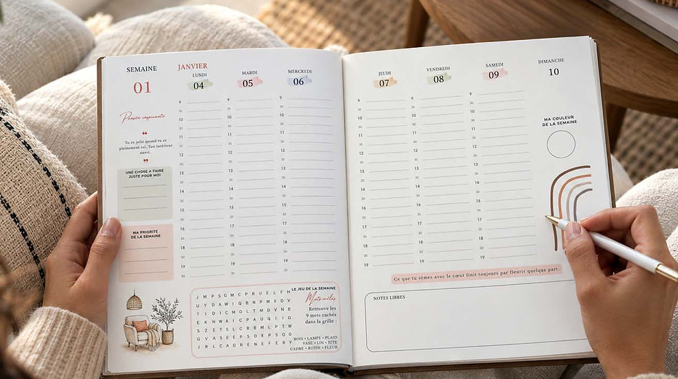 Planner déco 2027 au format A5 ouvert sur la semaine 1 de janvier, une main qui écrit au stylo