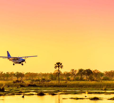 Sunset flight into the Okavango Delta