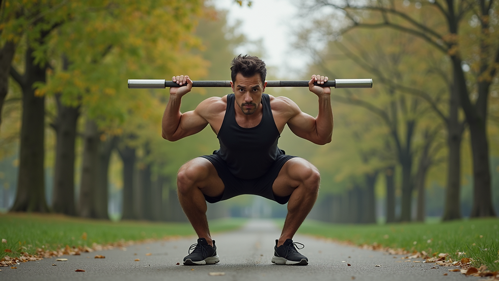 Eye-level view of a person doing bodyweight squats in a park