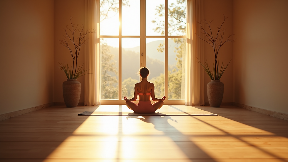 High angle view of tranquil yoga space filled with sunlight