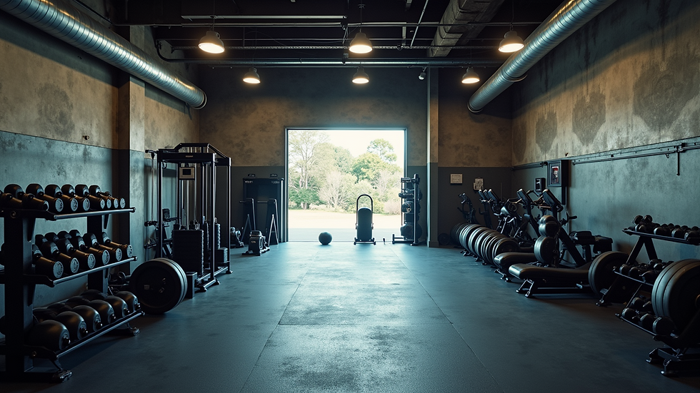 High angle view of a gym with various weightlifting equipment