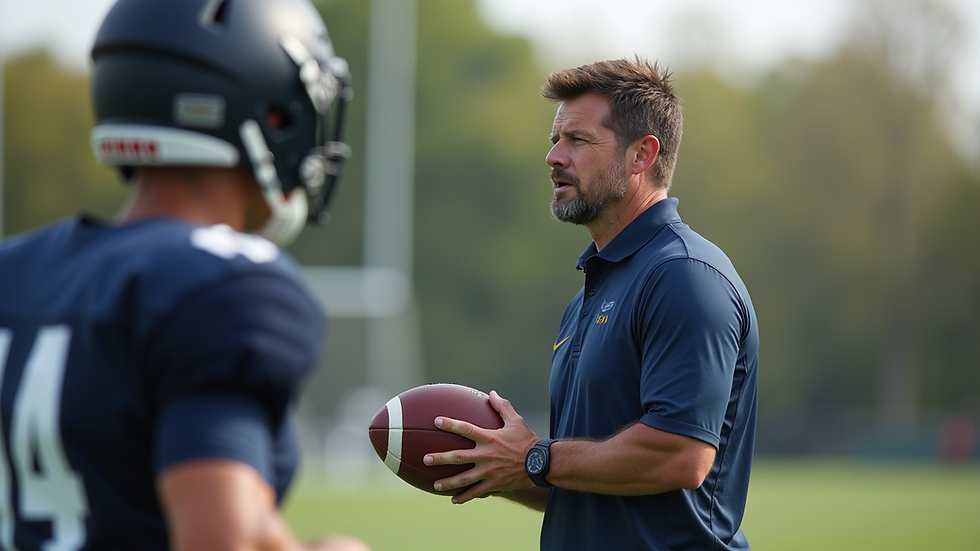 Close-up view of a football coach demonstrating a passing drill