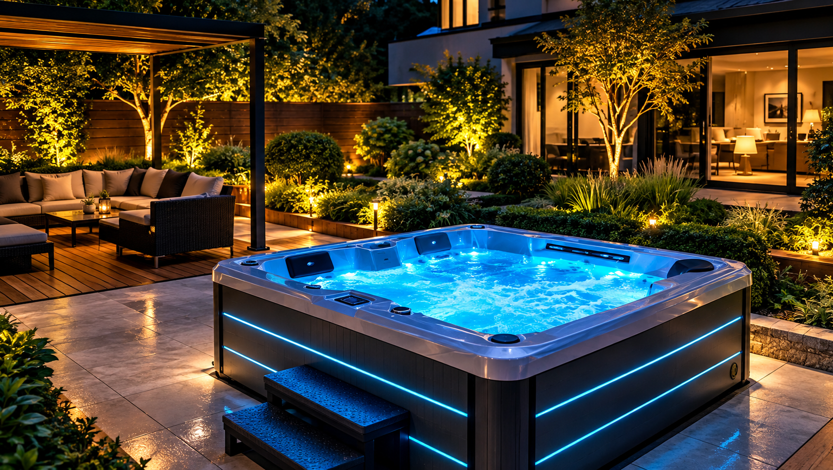 Outdoor hot tub in a landscaped garden for hot tub repairs and servicing in Wirral
