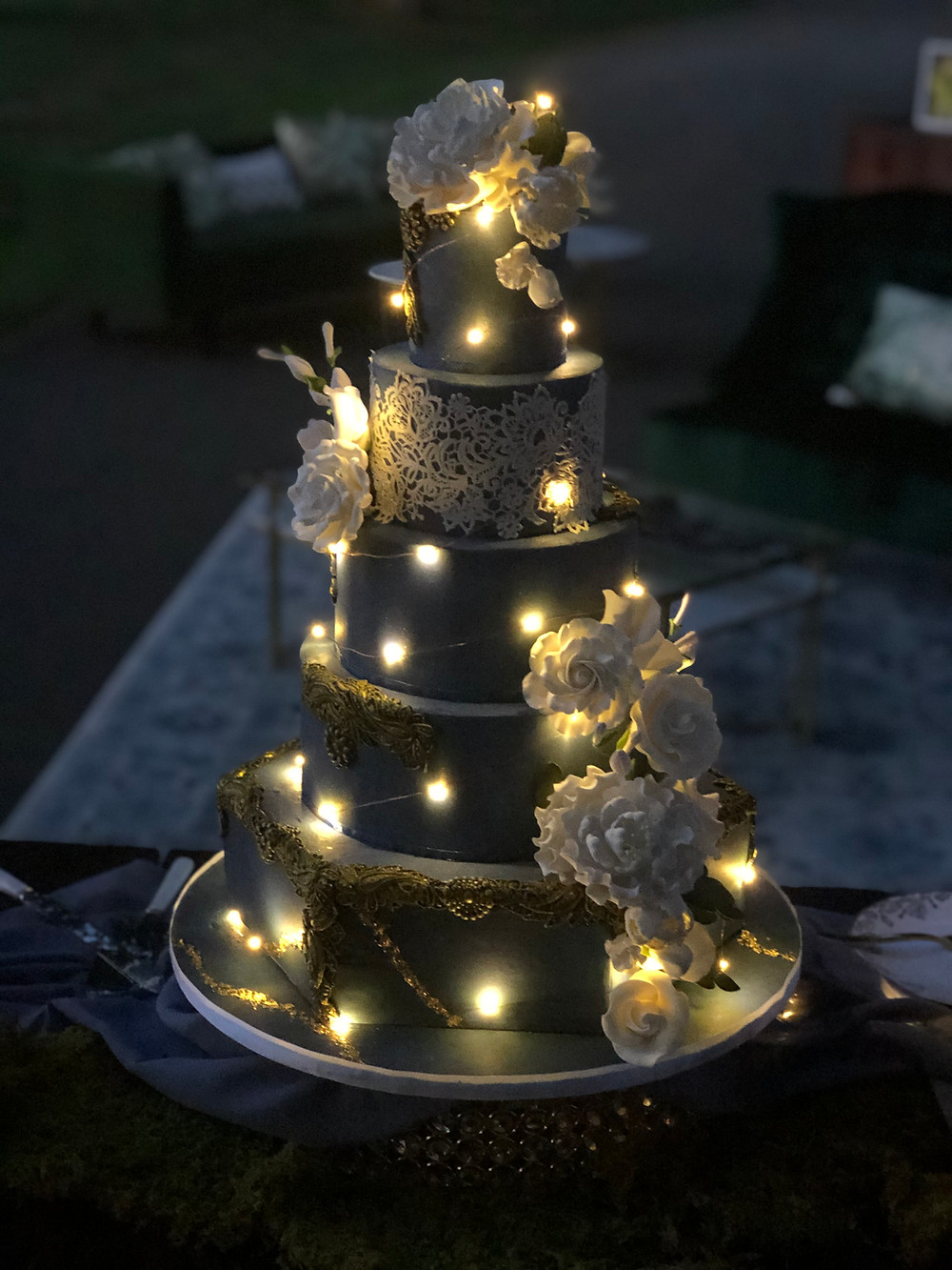 Black Wedding Cake with Lights