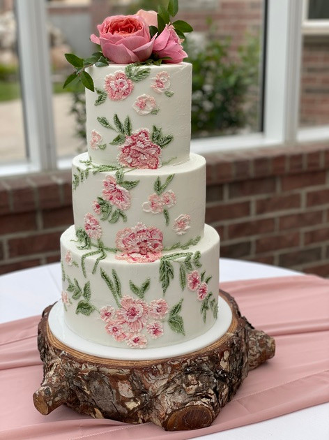 Beautiful White Wedding Cake with Pink Roses