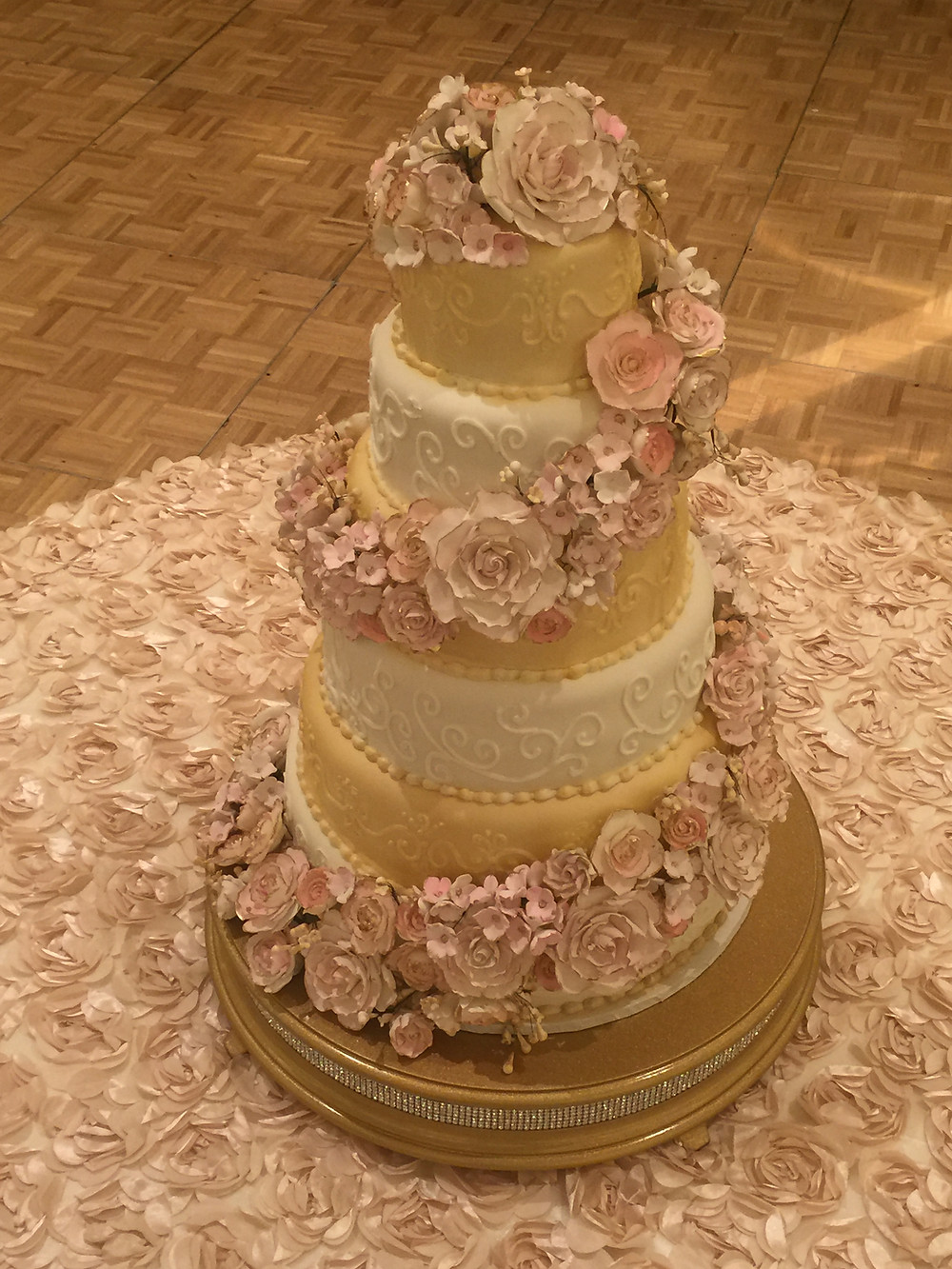 White, Gold and Pink Wedding Cake