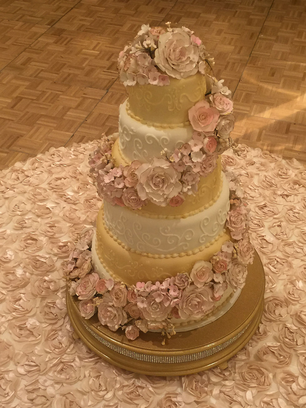 White, Gold and Pink Wedding Cake