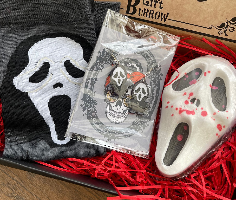 Thumbnail: Ghostface bath bomb, Socks and earrings gift set!