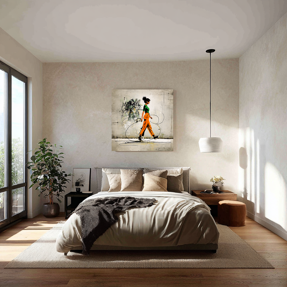 Urban pop art portrait of a walking woman in orange pants – main mockup in bedroom