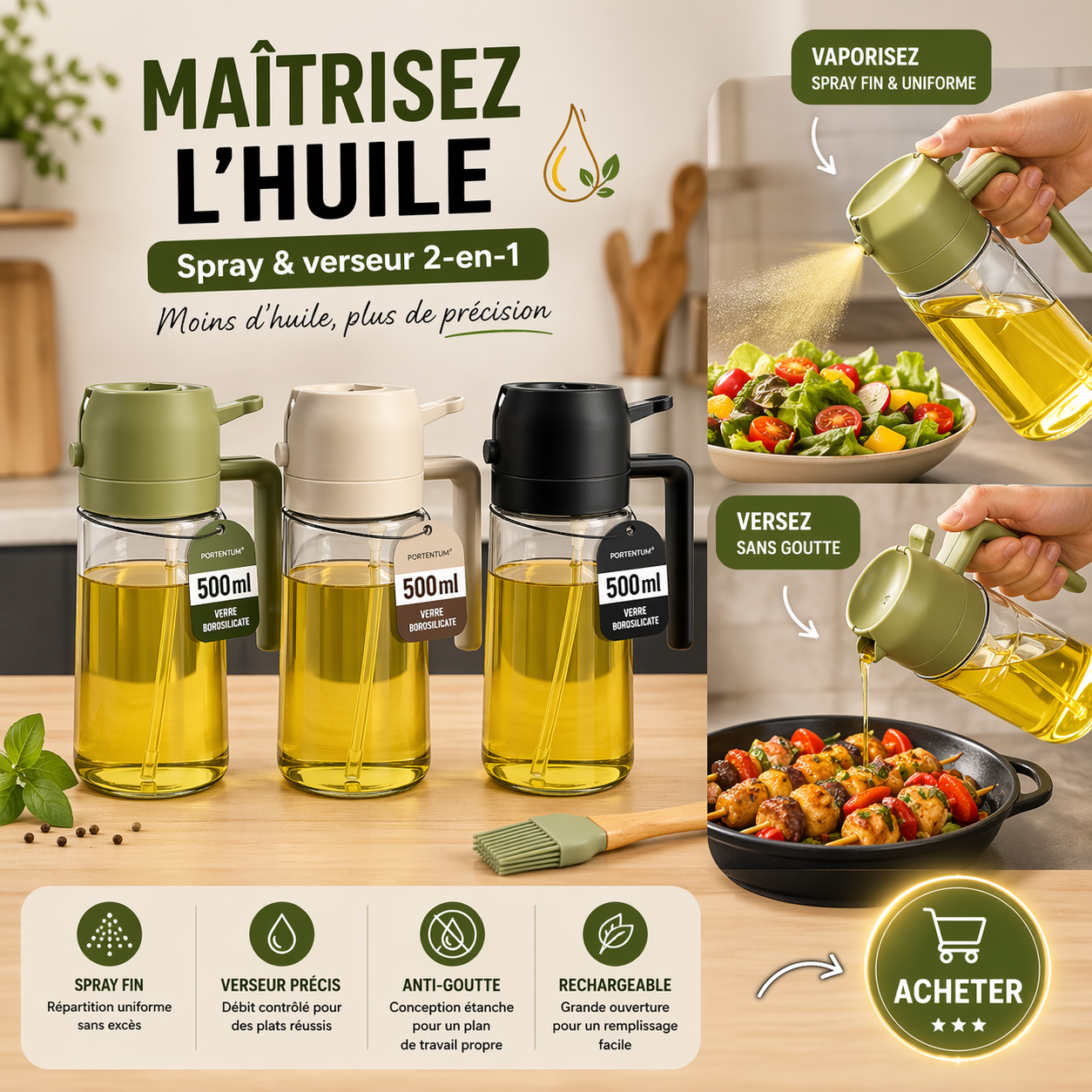 🟩Pulvérisateur & verseur d’huile 500 ml – spray fin & utilisation polyv