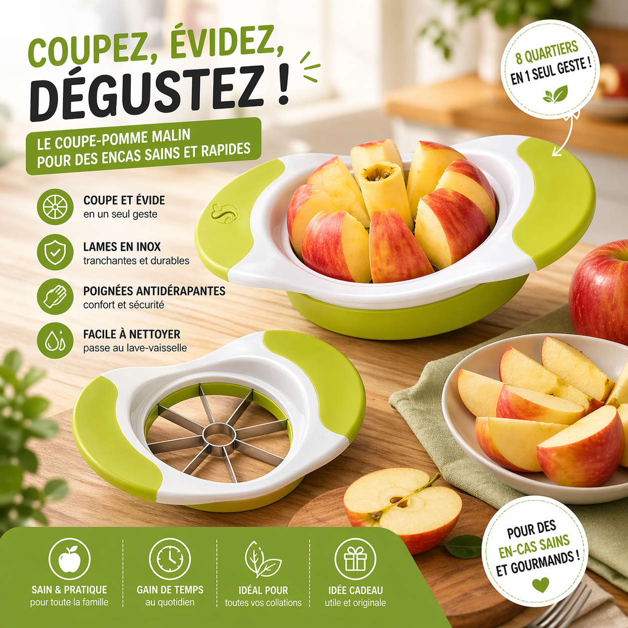 🟩Coupe-pomme inox – découpe rapide & précise