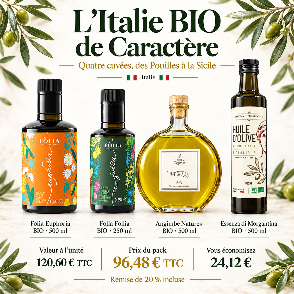 L’Italie BIO de Caractère — Pack de 4 huiles — Folia Euphoria BIO · 500 ml; Folia Follia BIO · 250 ml; Angimbe Natures BIO · 500 ml; Essenza di Morgantina BIO · 500 ml