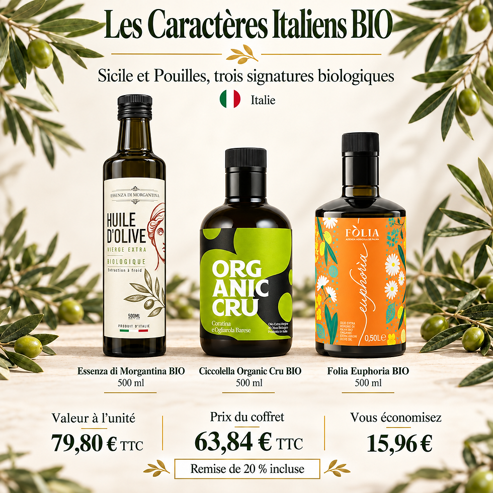 Les Caractères Italiens BIO — Coffret 3 × 500 ml — Essenza di Morgantina BIO · 500 ml; Ciccolella Organic Cru BIO · 500 ml; Folia Euphoria BIO · 500 ml