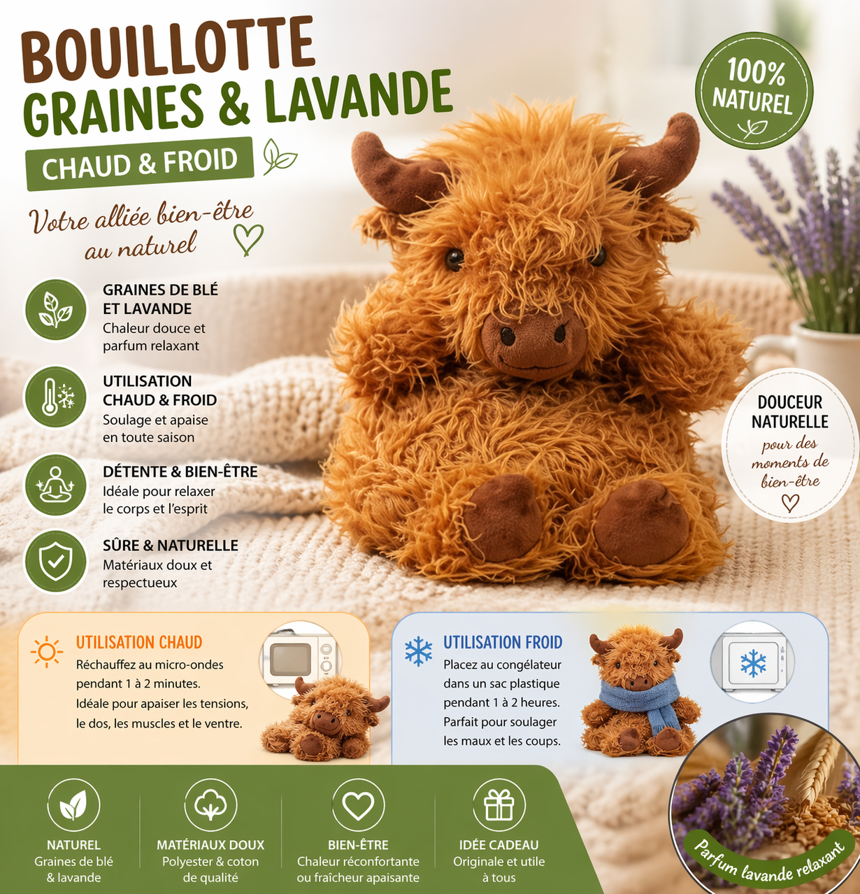 🟩Bouillotte graines & lavande – chaud & froid