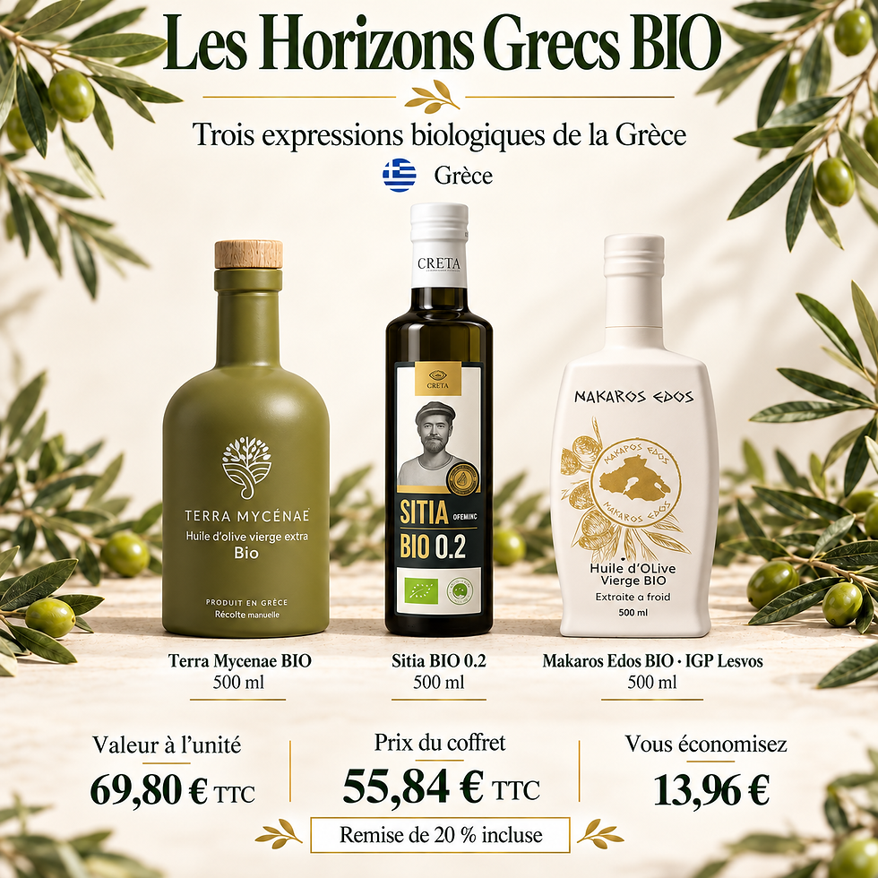 Les Horizons Grecs BIO — Coffret 3 × 500 ml — Terra Mycenae BIO · 500 ml; Sitia BIO 0.2 · 500 ml; Makaros Edos BIO · IGP Lesvos · 500 ml