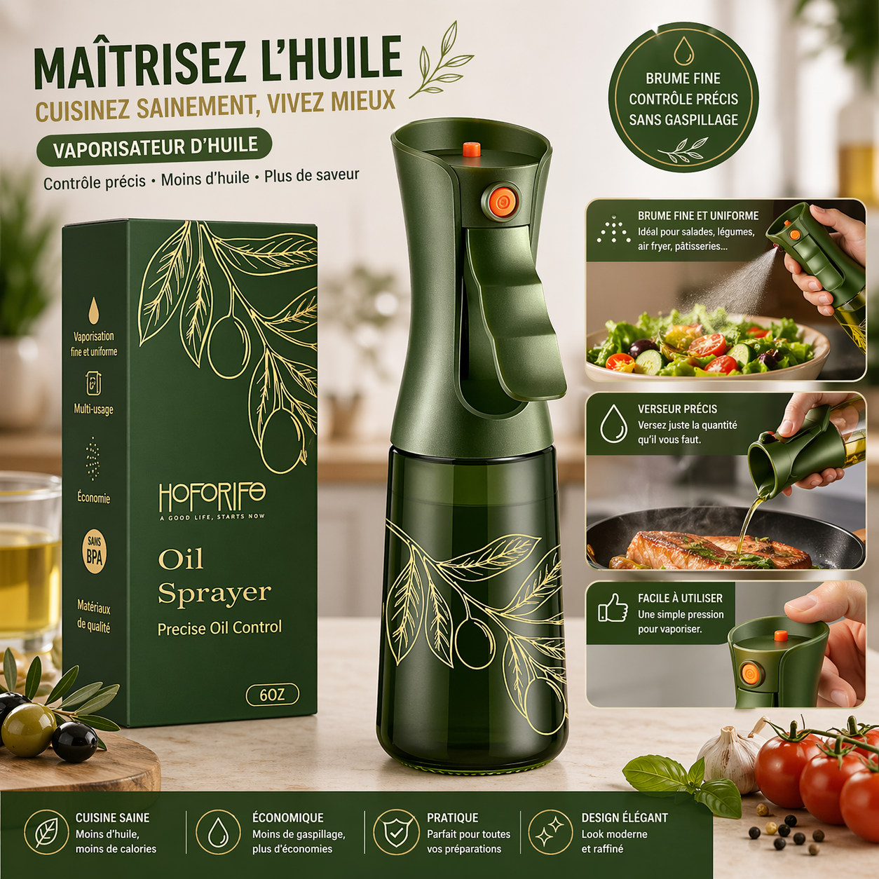 🟩 Pulvérisateur d’huile 200 ml – brume fine & protection UV