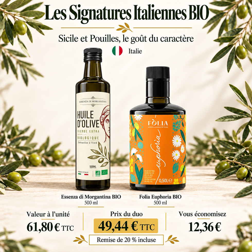 Les Signatures Italiennes BIO — Duo 2 × 500 ml — Essenza di Morgantina BIO · 500 ml; Folia Euphoria BIO · 500 ml