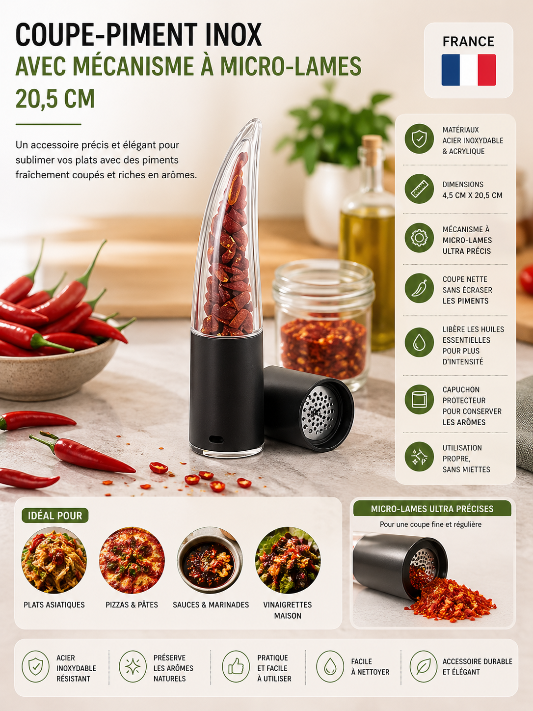 🟩Coupe-piment inox avec mécanisme à micro-lames – 20,5 cm