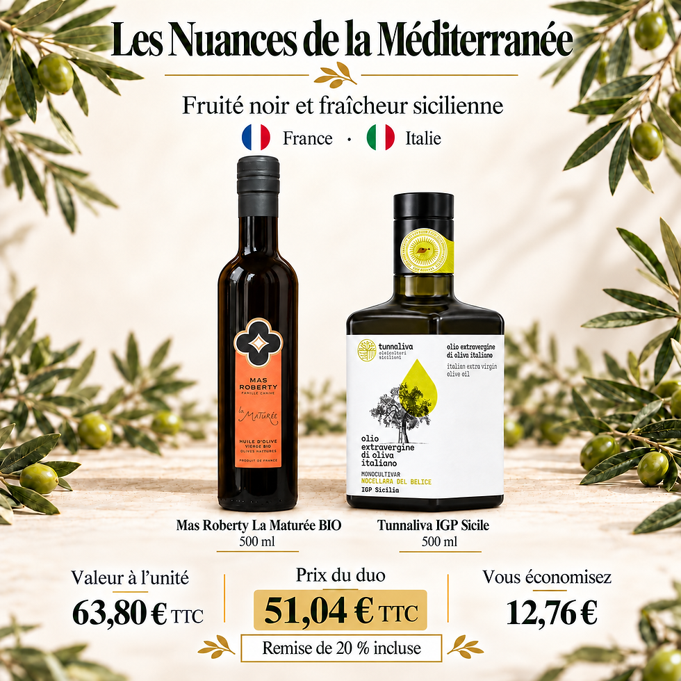 Les Nuances de la Méditerranée — Duo Premium 2 × 500 ml — Mas Roberty La Maturée BIO · 500 ml; Tunnaliva IGP Sicile · 500 ml