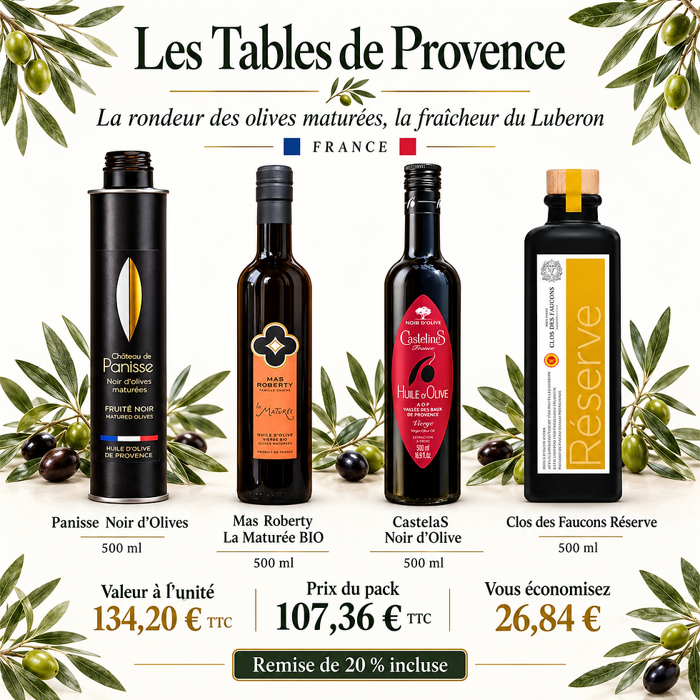 Les Tables de Provence — Pack de 4 découvertes — Panisse Noir d’Olives · 500 ml; Mas Roberty La Maturée BIO · 500 ml; CastelaS Noir d’Olive · 500 ml; Clos des Faucons Réserve · 500 ml