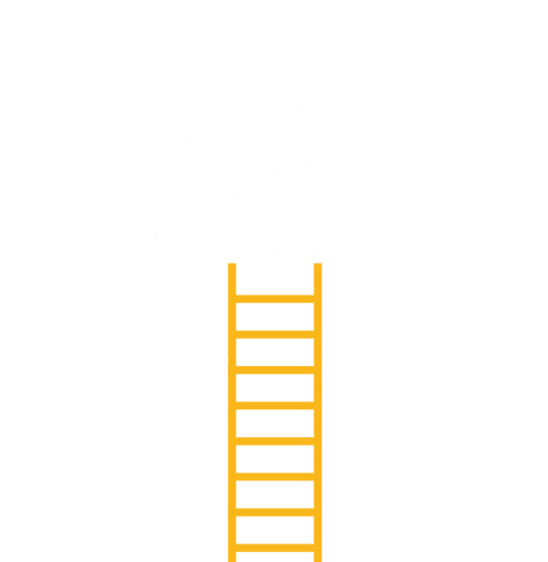 Lineart drawing of yellow ladder reaching to a lightbulb and 2 hands coming together
