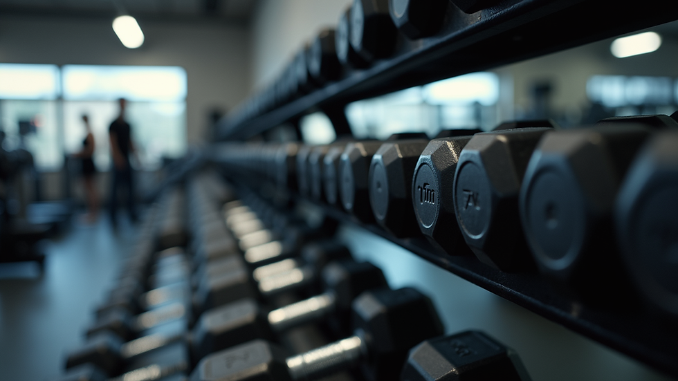 Eye-level view of a gym rack filled with various dumbbells