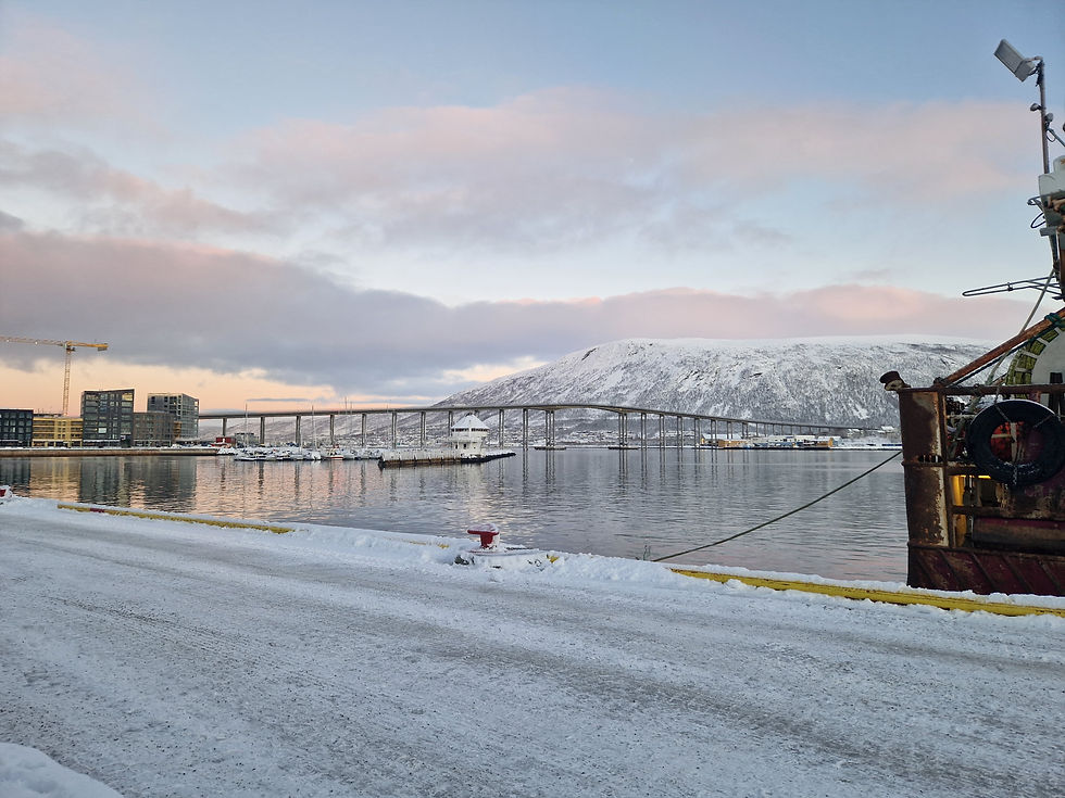Snowy harbor scene with a bridge, snowy mountains, and calm water reflecting the pastel sky. A docked rusty ship is on the right.