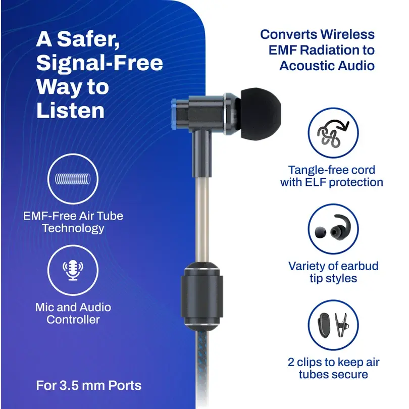 Defendershield EMF Radiation-Free Earbuds Air Tube Stereo Headphones - 3.5mm