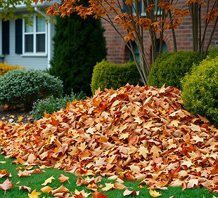 Large pile of autumn leaves on lawn