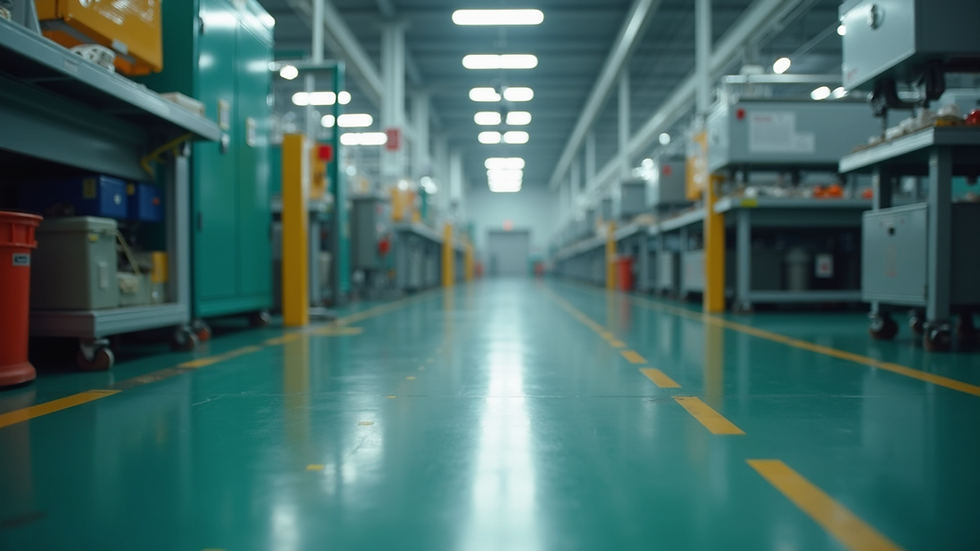 Eye-level view of a factory floor with safety signs and equipment