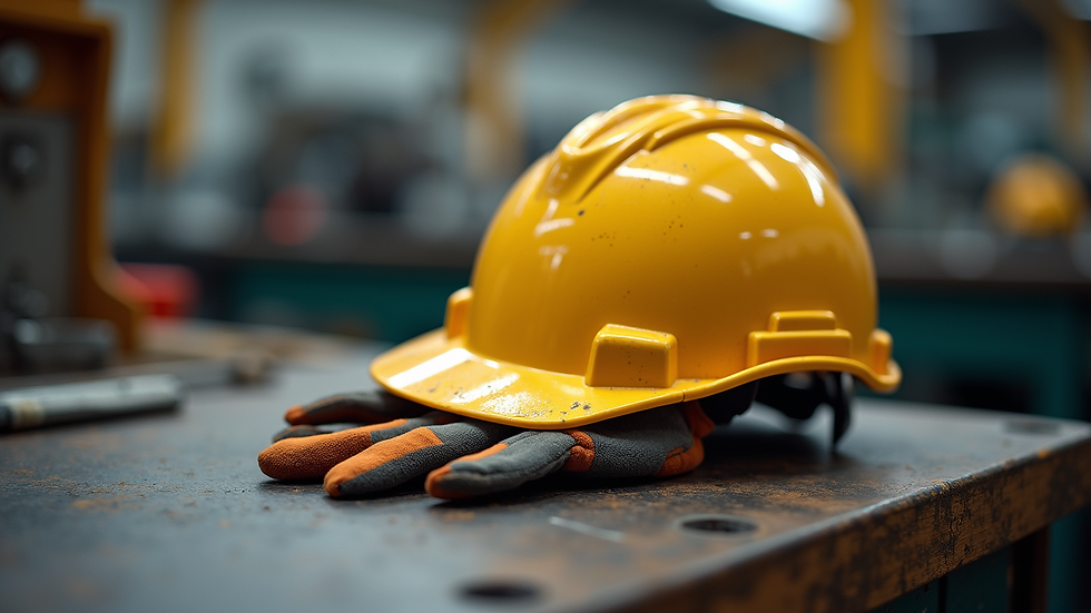 Close-up view of a safety helmet and gloves on a workbench