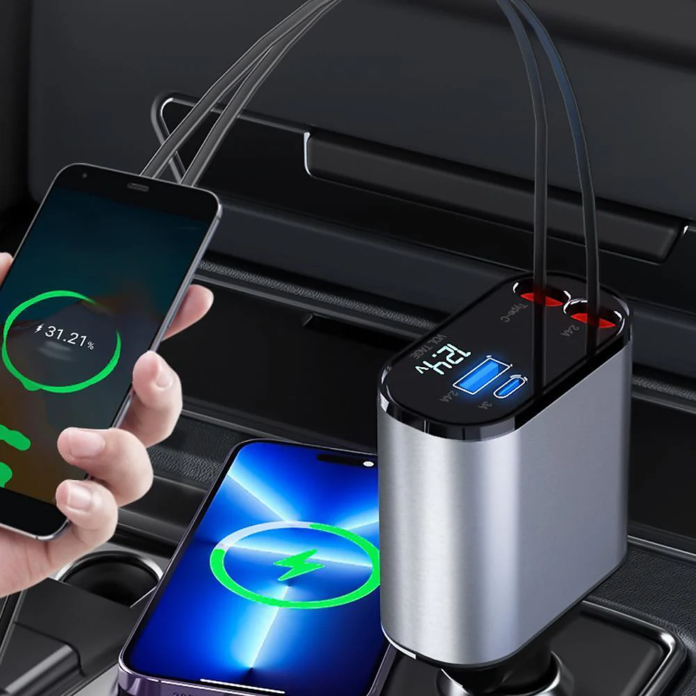 Thumbnail: Retractable Car Charger 4 in 1 Fast Car Phone Charger 120W with USB Type C Cable